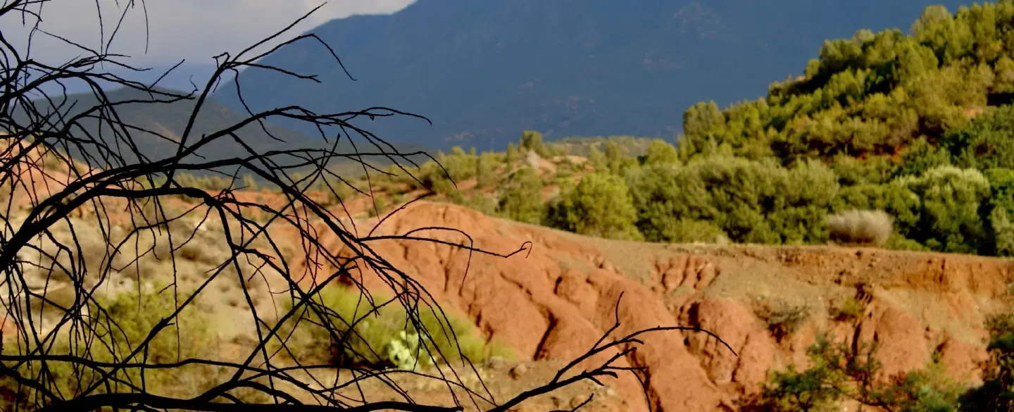 Hiking Trek of Ouirgane Valley near Marrakesh in Atlas Mountains with villages, forests, synagogue.