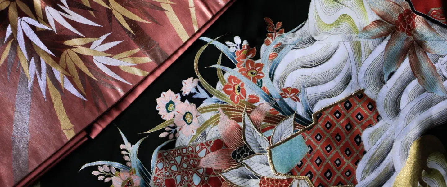 Craft Workshop in Kyoto exploring kimono obi, vintage textiles, and a handmade upcycled pouch.