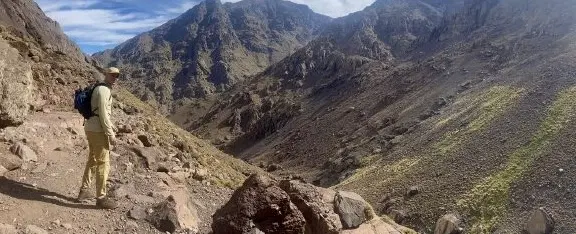 Hiking Trek to the sacred shrine of Sidi Chamarouch in Atlas Mountains from Imlil near Marrakesh.