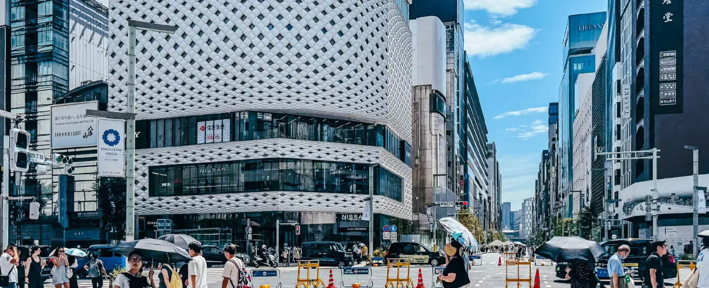 Architecture Tour in Tokyo exploring Ginza’s iconic façades, modern buildings, and design details.