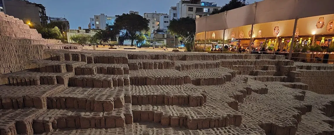 Huaca Pucllana Night Tour in Miraflores, Lima, exploring the pre-Inca pyramid with dinner views.