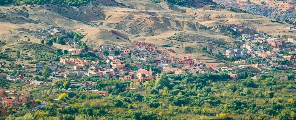 Hiking Trek in Kik Plateau from Asni near Marrakesh with terrace farms & views over Atlas Mountains.