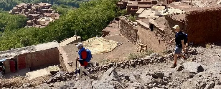 Hiking Trek past Berber villages and mountain passes of Atlas Mountains from Imlil near Marrakesh.