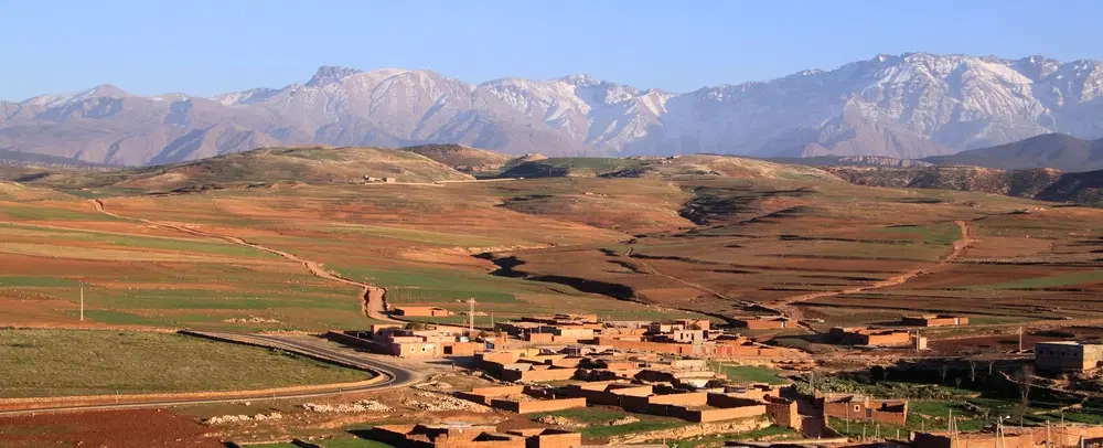 Hiking Trek in Kik Plateau from Asni near Marrakesh with terrace farms & views over Atlas Mountains.