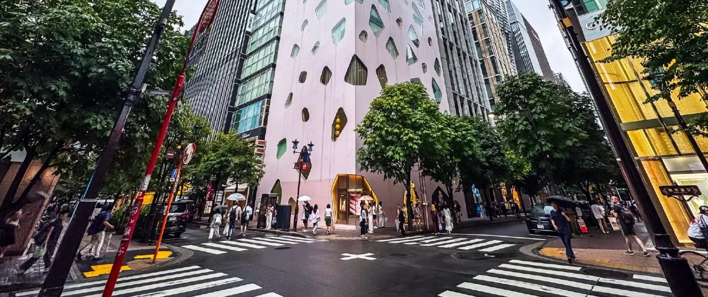 Architecture Tour in Tokyo exploring Ginza’s iconic façades, modern buildings, and design details.