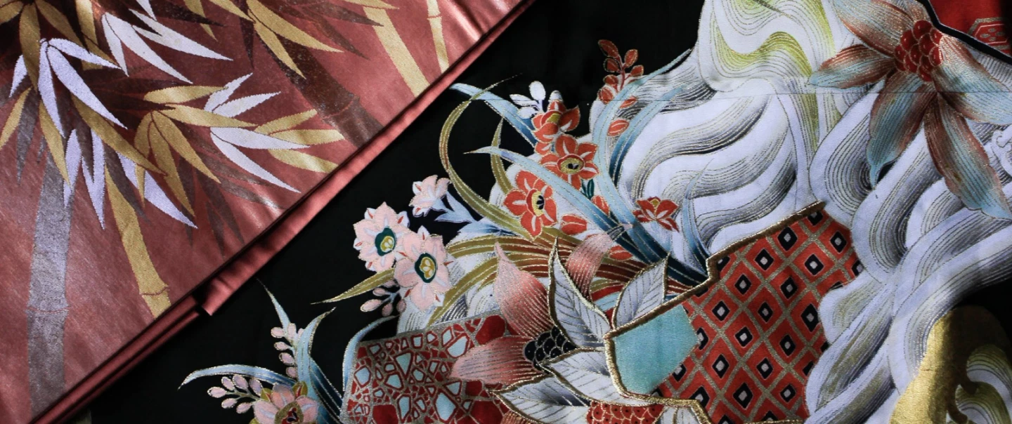 Craft Workshop in Kyoto exploring kimono obi, vintage textiles, and a handmade upcycled pouch.
