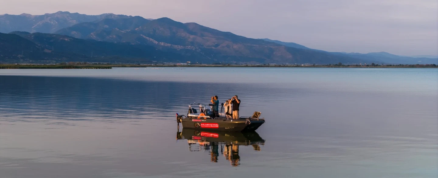 Birdwatching Tour near Thessaloniki by boat on Lake Vistonida through wetlands, flamingos, pelicans.