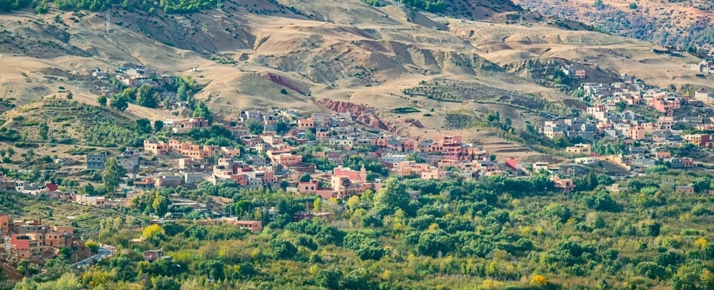 Hiking Trek in Kik Plateau from Asni near Marrakesh with terrace farms & views over Atlas Mountains.