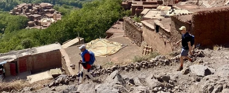 Hiking Trek past Berber villages and mountain passes of Atlas Mountains from Imlil near Marrakesh.