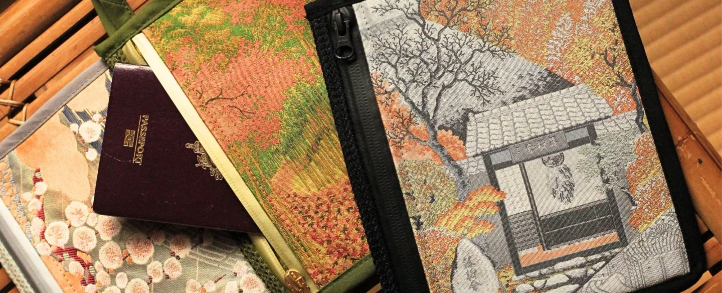 Kyoto walking tour and craft experience in quiet Zen garden and silk obi upcycled into an accessory.