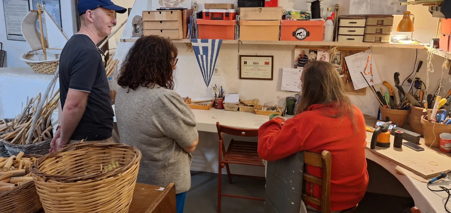 Artisan Tour in Megalochori, Santorini: jewelry, leather, wood carving, and a pan-pipe workshop.