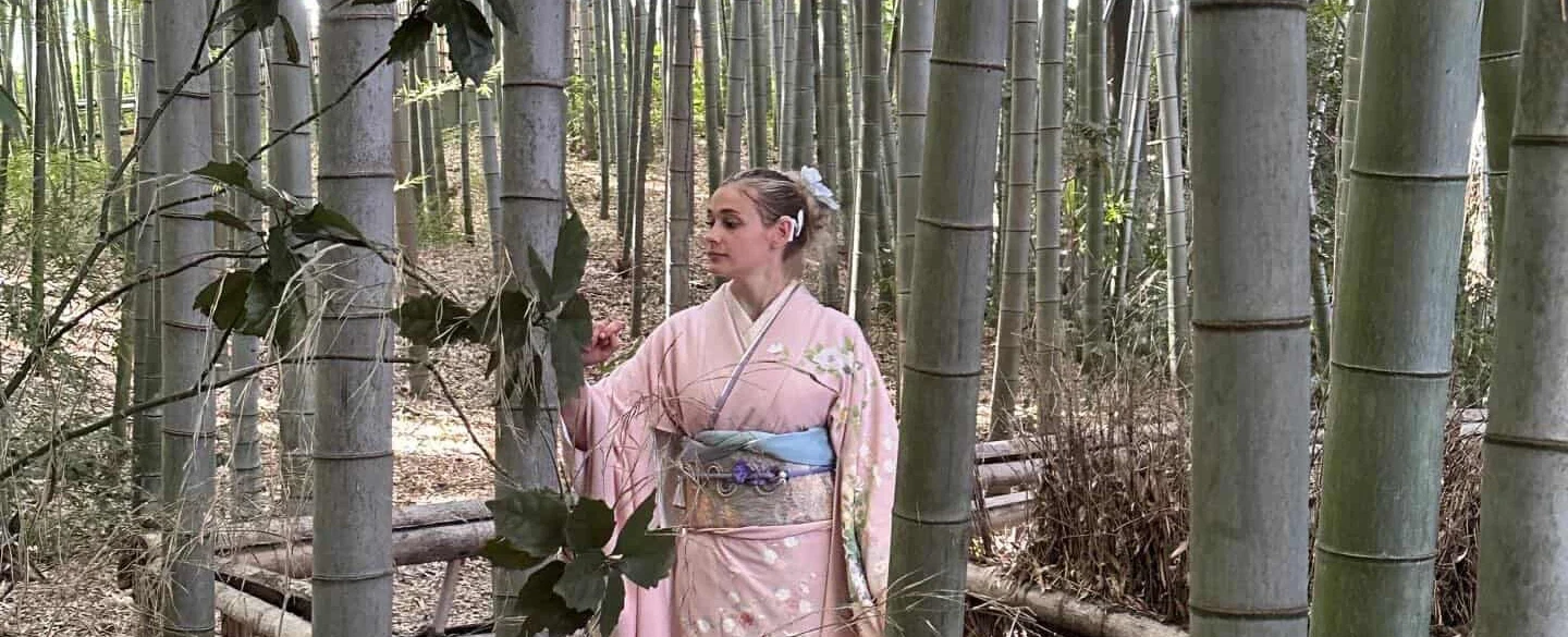 Antique Silk Kimono Dressing in Tokyo with a kimono scholar, with photos in a hidden bamboo grove.