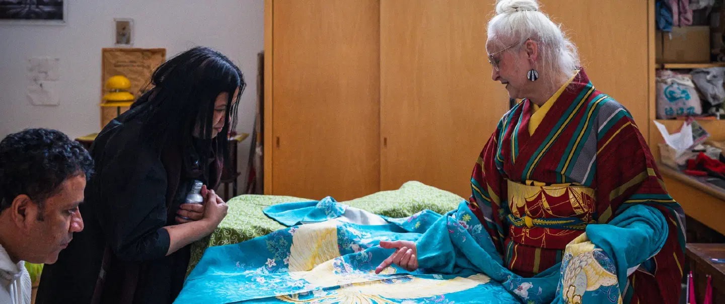 Kimono Experience in Tokyo with rare kimono, obi, and Japanese textile art led by a kimono expert.