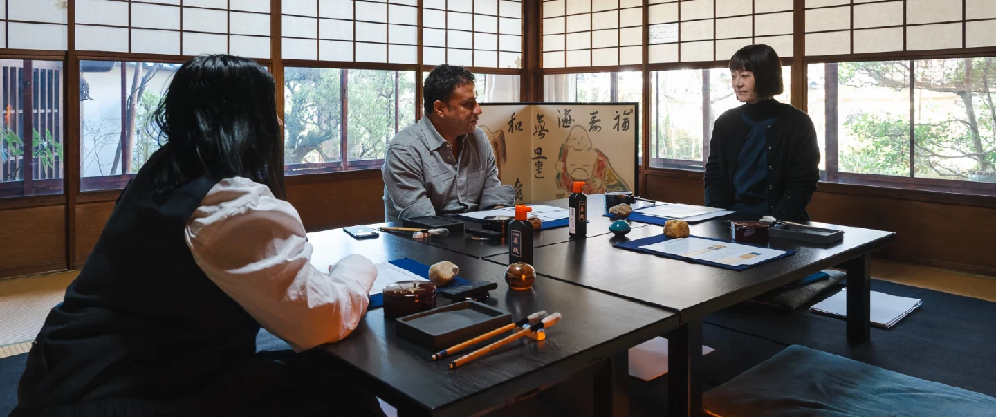 Craft and Culture Workshop in Kyoto held in a temple exploring the world of Japanese Calligraphy.