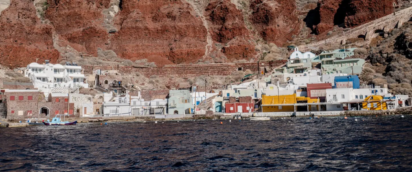 Boat Tour from Santorini to Thirassia with caldera views, local food and a traditional wine tasting.