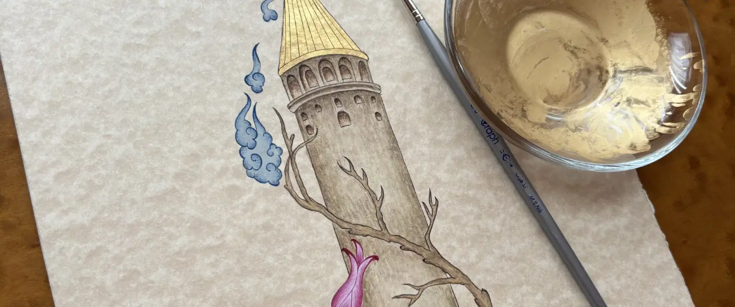 Workshop with a Tezhip art master in Istanbul on Ottoman miniature painting with gold leaf details.